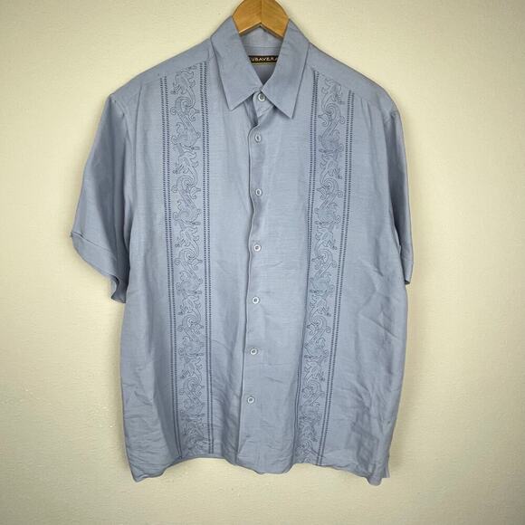 Cubavera Men's Short Sleeve Button-Up Shirt – Size L – Blue Paisley Panel Design - Picture 1 of 10
